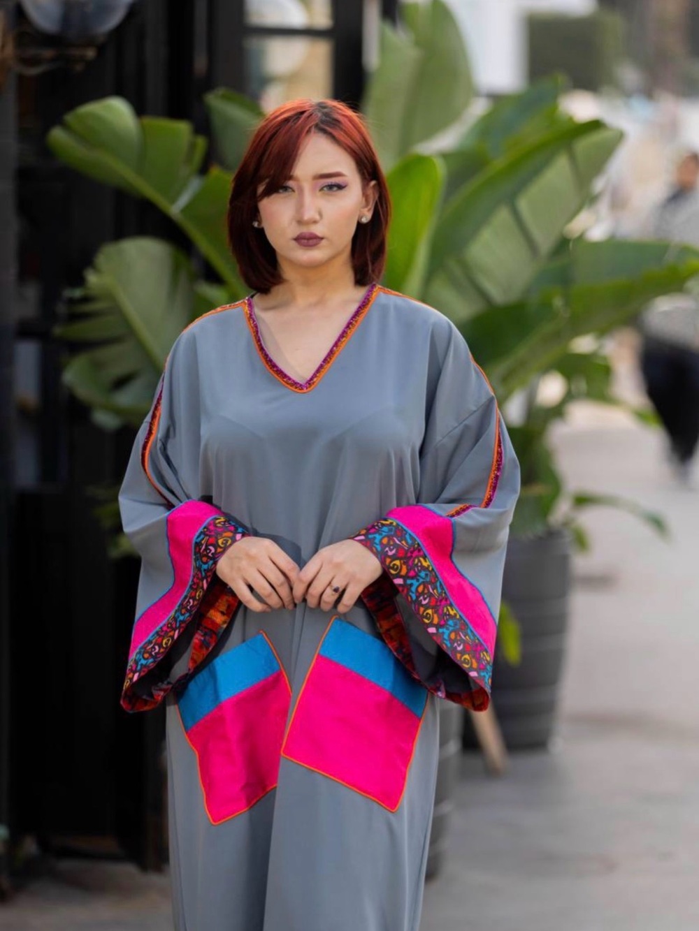 Gray Kaftan Dress with Pink & Blue Accent - Picture 8 of 8